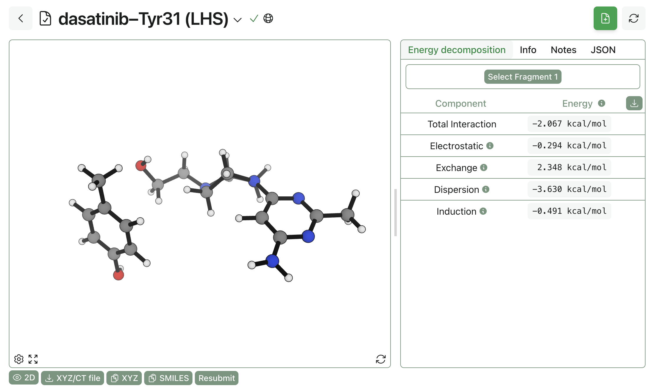 A SAPT0 calculation between the left-hand side of dasatinib and Tyr31.