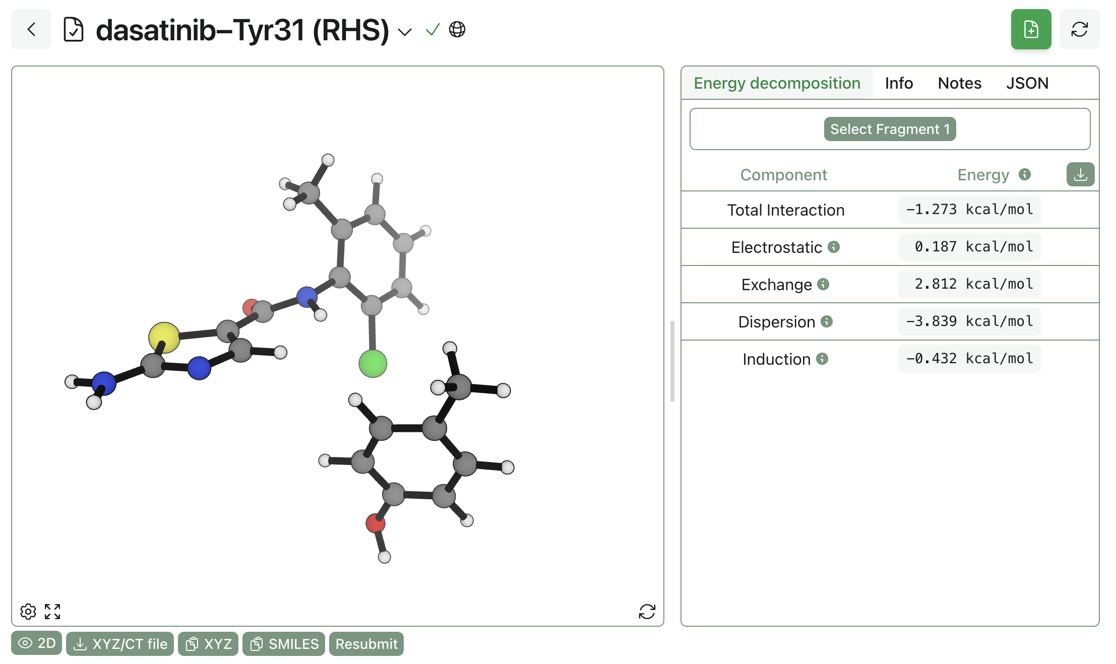 A SAPT0 calculation between the right-hand side of dasatinib and Tyr31.