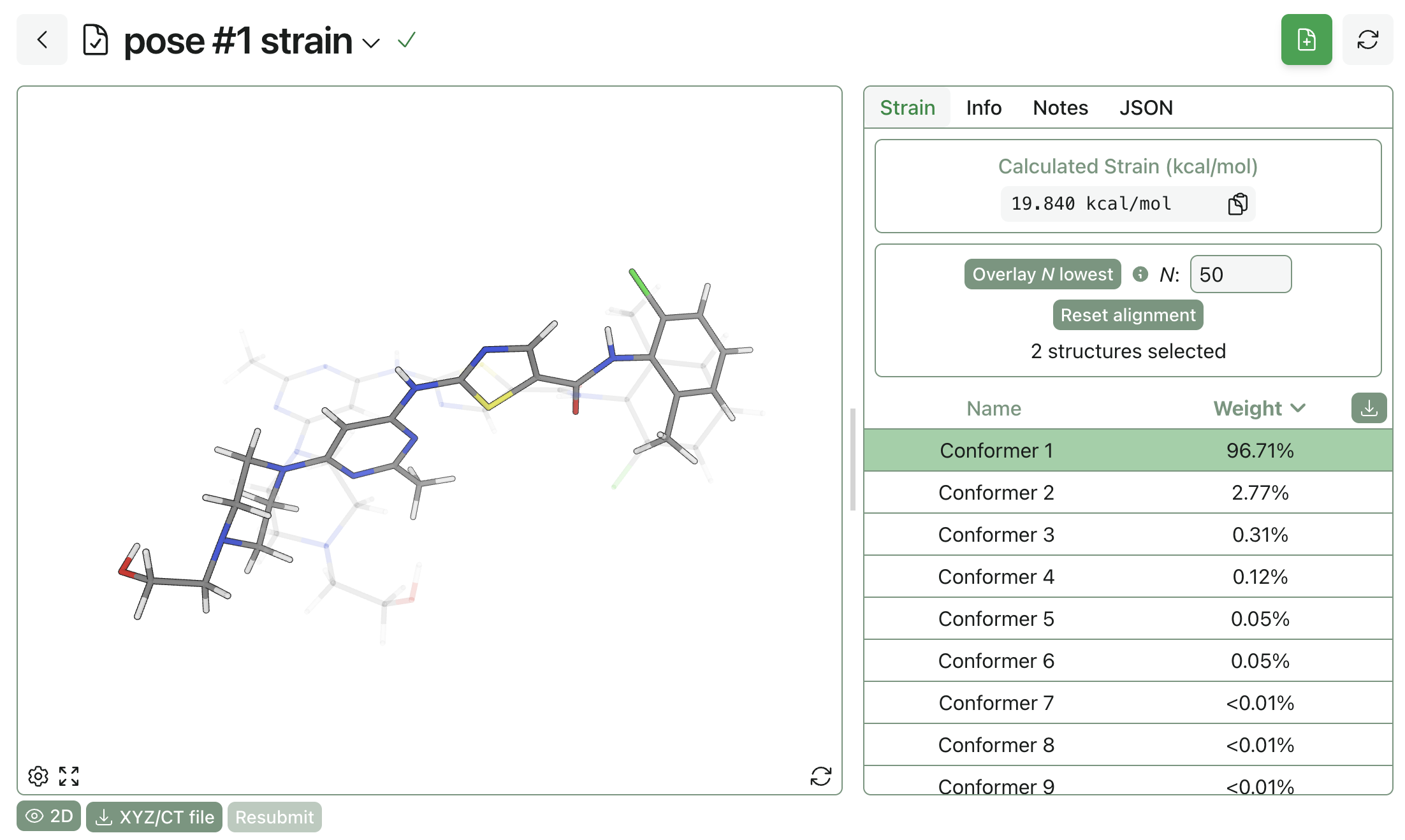 A ligand pose with associated strain value.