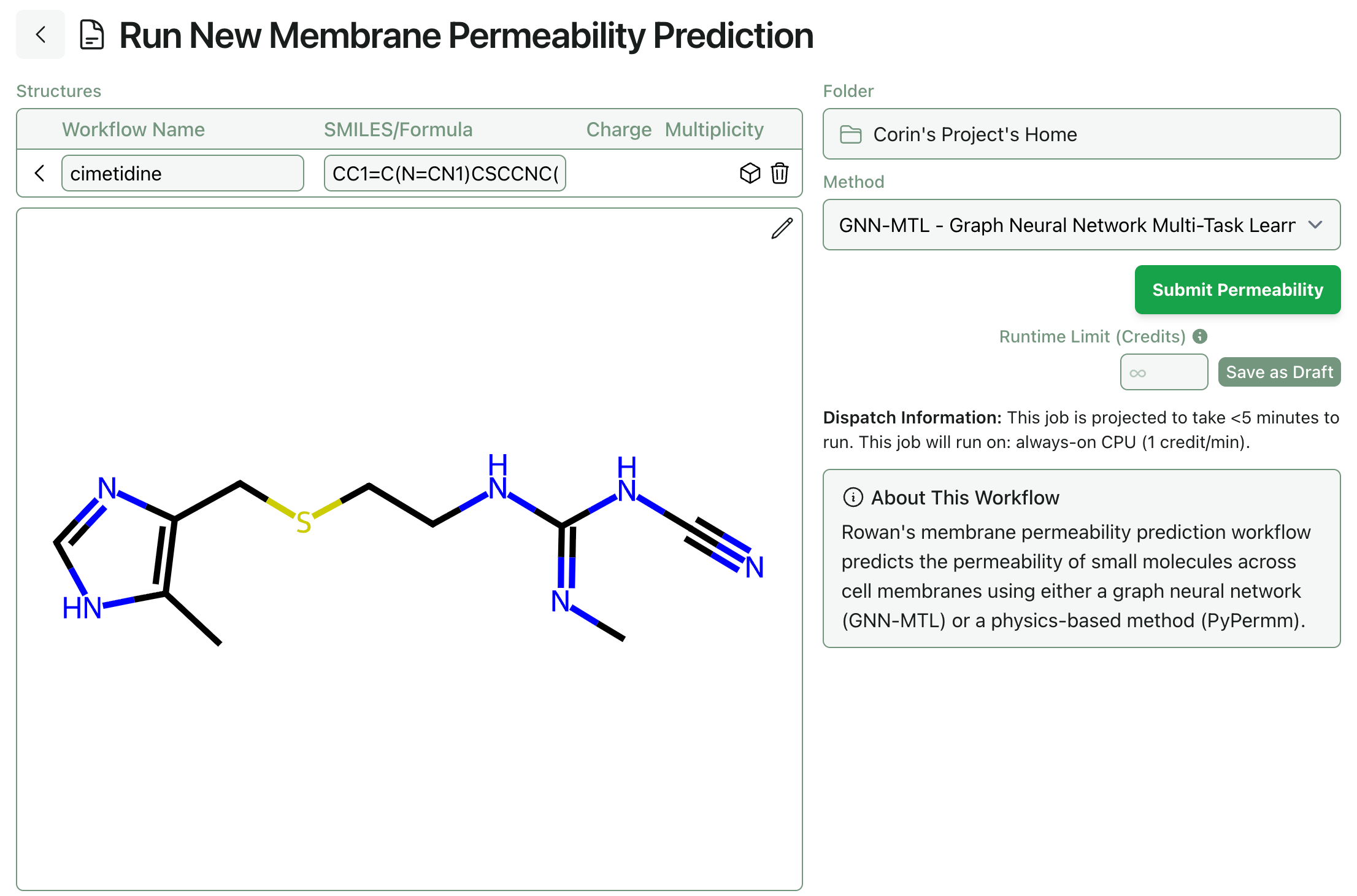A workflow submission screen for the GNN-MTL model in Rowan, with the SMILES for cimetidine showing.